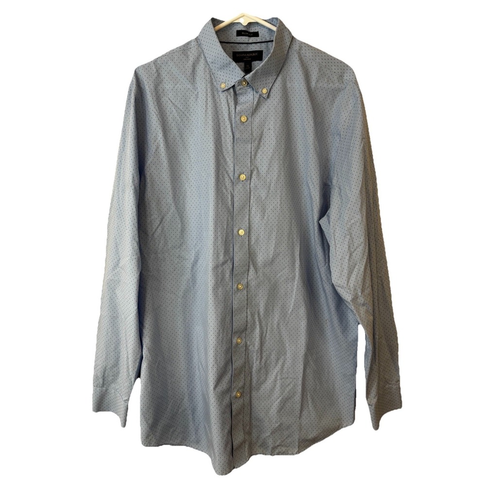 Banana Republic XL Mens Non Iron Slim Fit Dress Shirt Blue With Black Dot Design